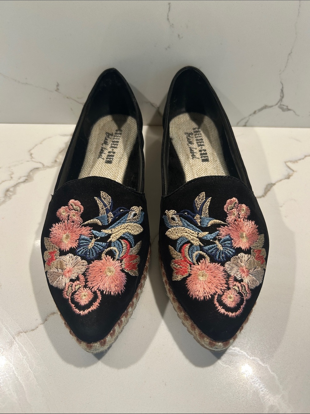 Espadrille chelsea crew Black Pointed Flats with Hummingbird & Floral embroidery